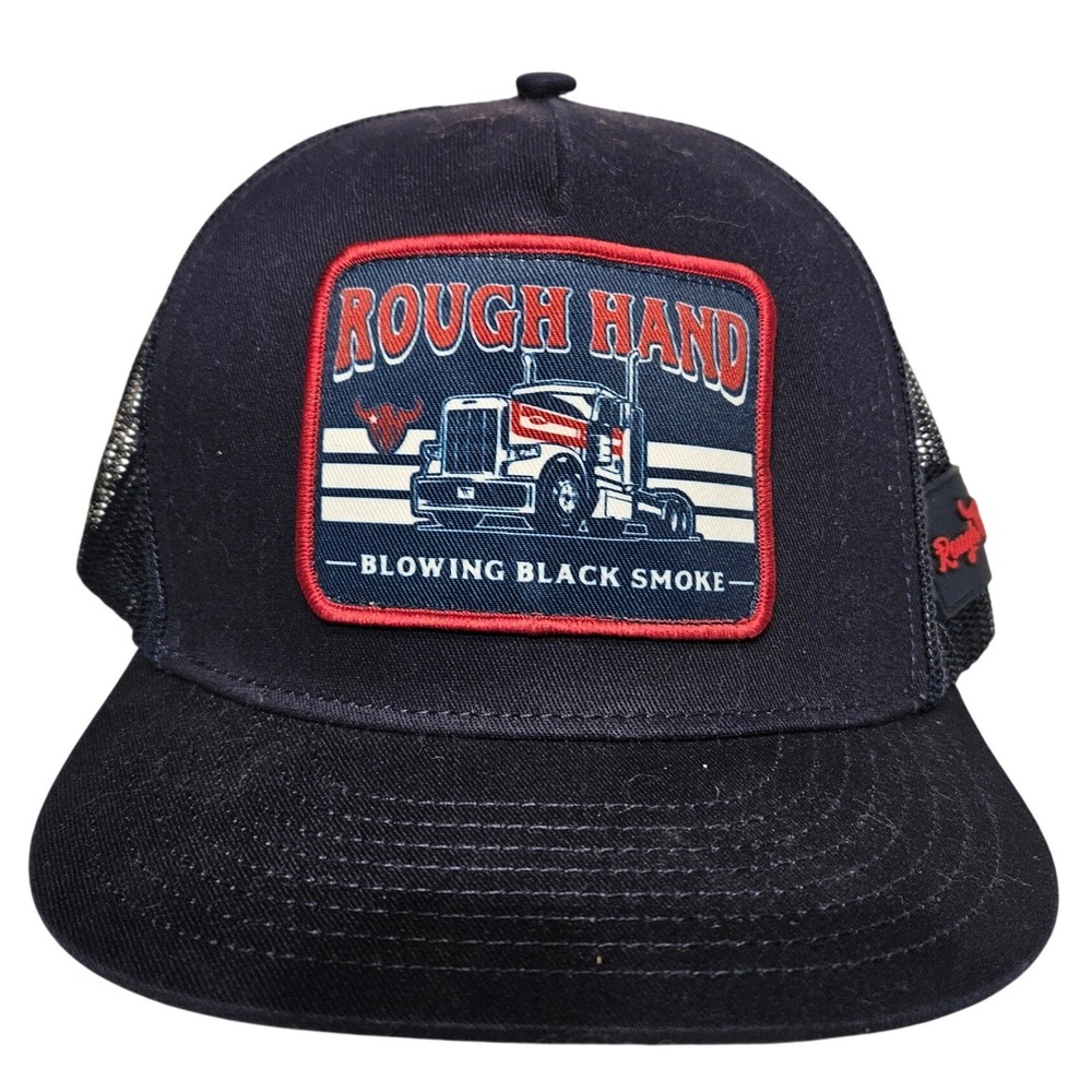 Rough Hand Blowing Black Smoke Semi Truck Mesh Trucker Hat Navy Blue Snapback